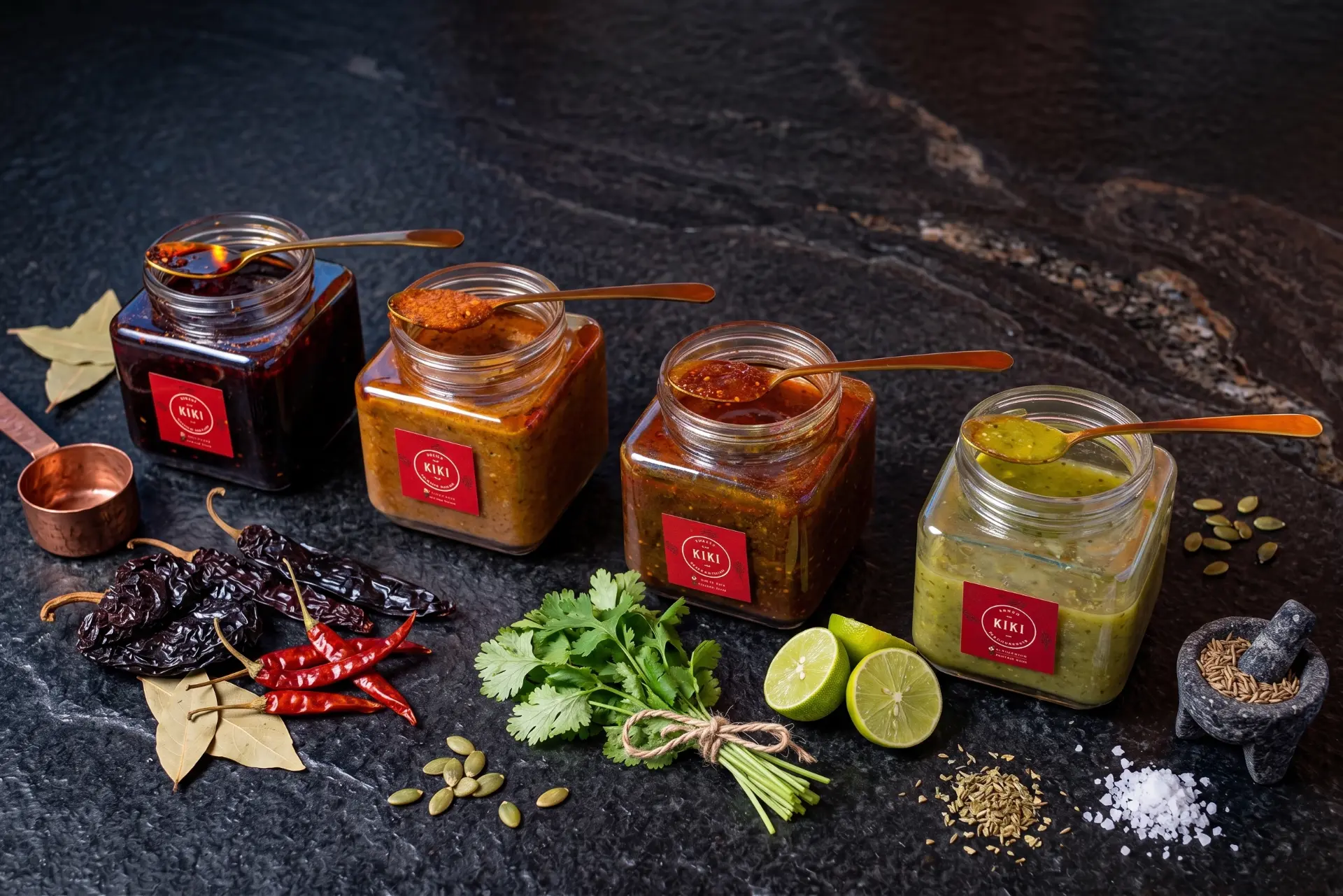 Four house-made Chila Kiki salsas in jars with fresh chiles, cilantro and lime